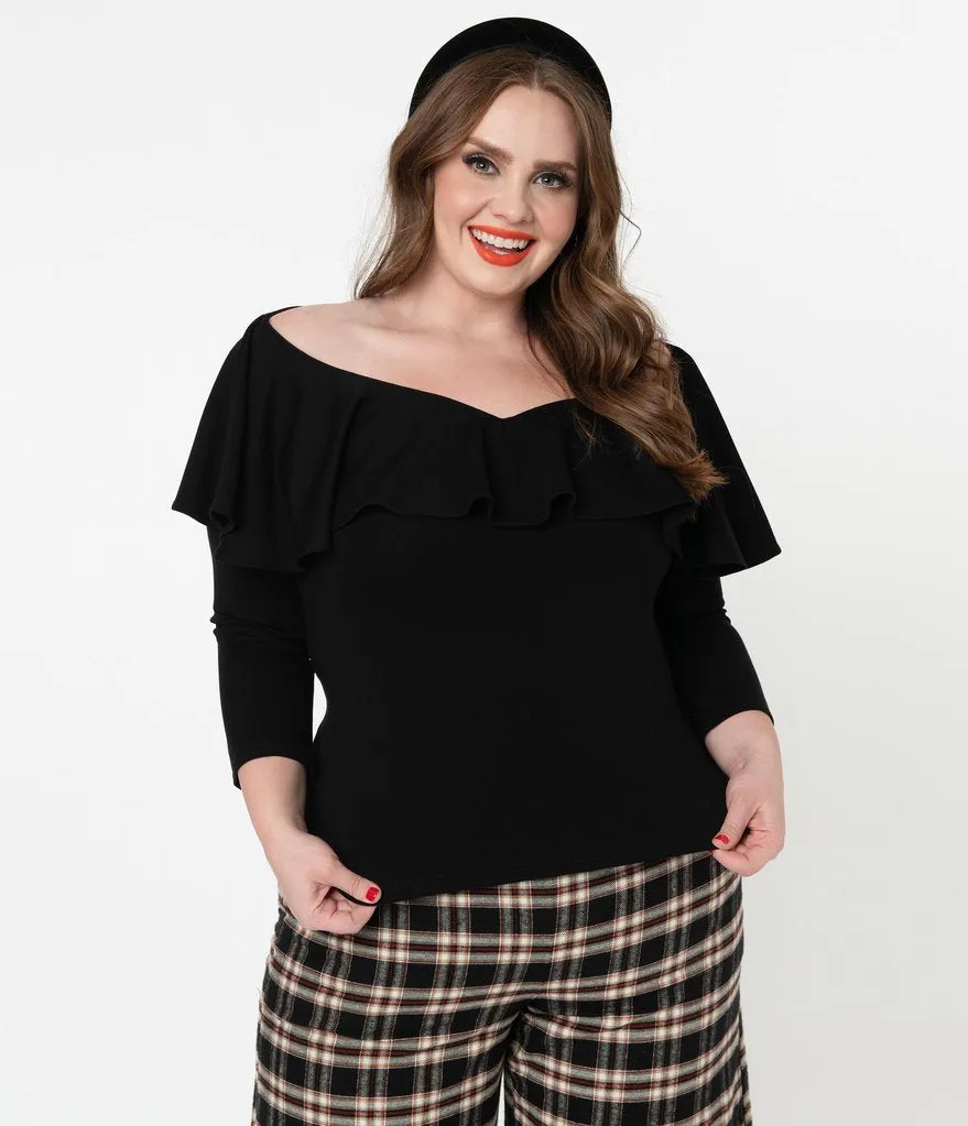 Unique Vintage Black Off Shoulder Ruffle Bisou Top (S ONLY)