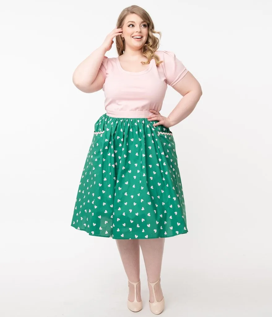 Unique Vintage Green & Pink Hearts Print Susannah Swing Skirt (1XL and 2XL ONLY)