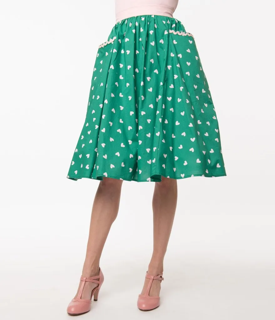 Unique Vintage Green & Pink Hearts Print Susannah Swing Skirt (1XL and 2XL ONLY)