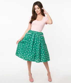 Unique Vintage Green & Pink Hearts Print Susannah Swing Skirt (1XL and 2XL ONLY)