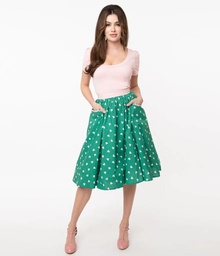 Unique Vintage Green & Pink Hearts Print Susannah Swing Skirt (1XL and 2XL ONLY)