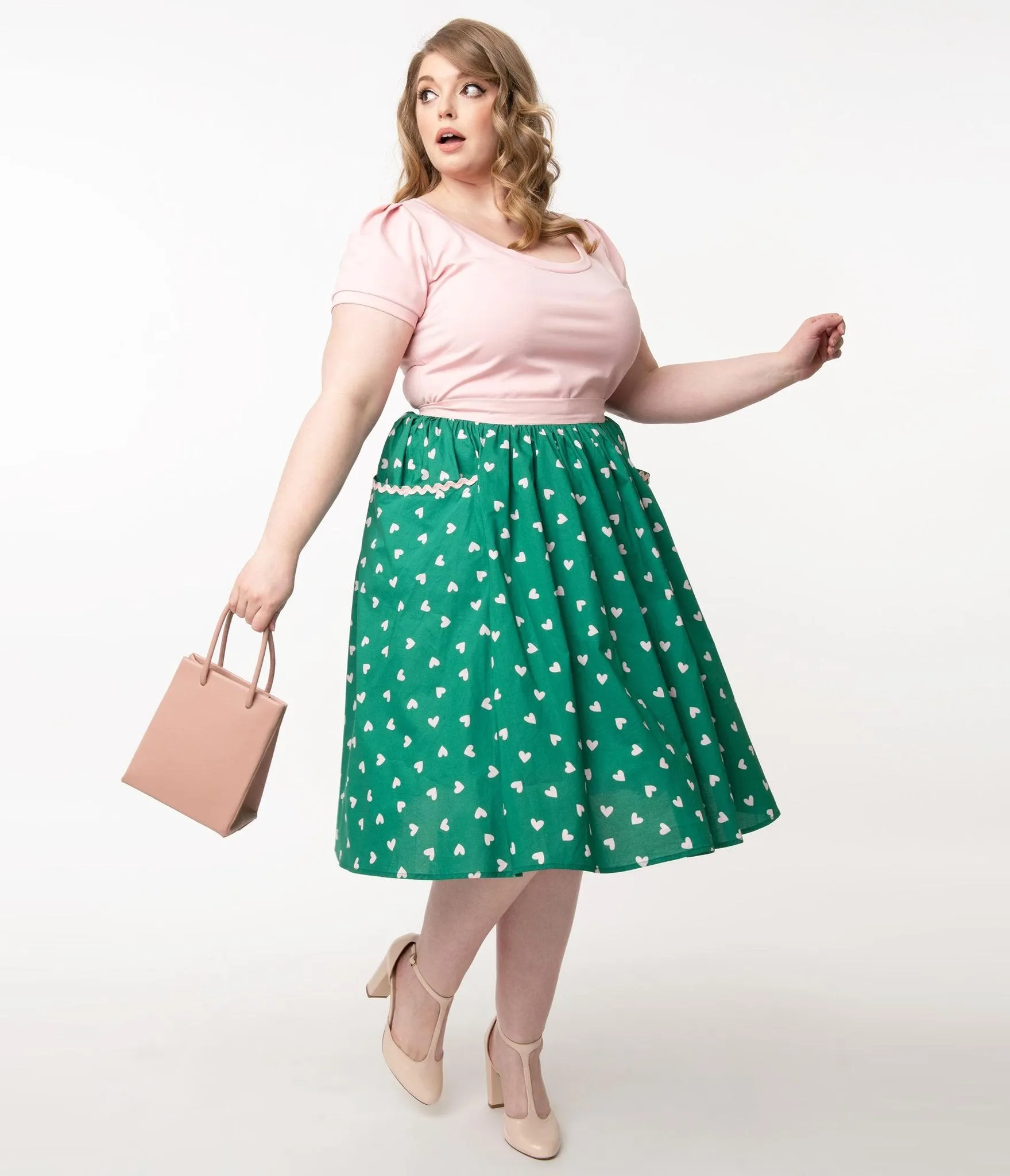 Unique Vintage Green & Pink Hearts Print Susannah Swing Skirt (1XL and 2XL ONLY)