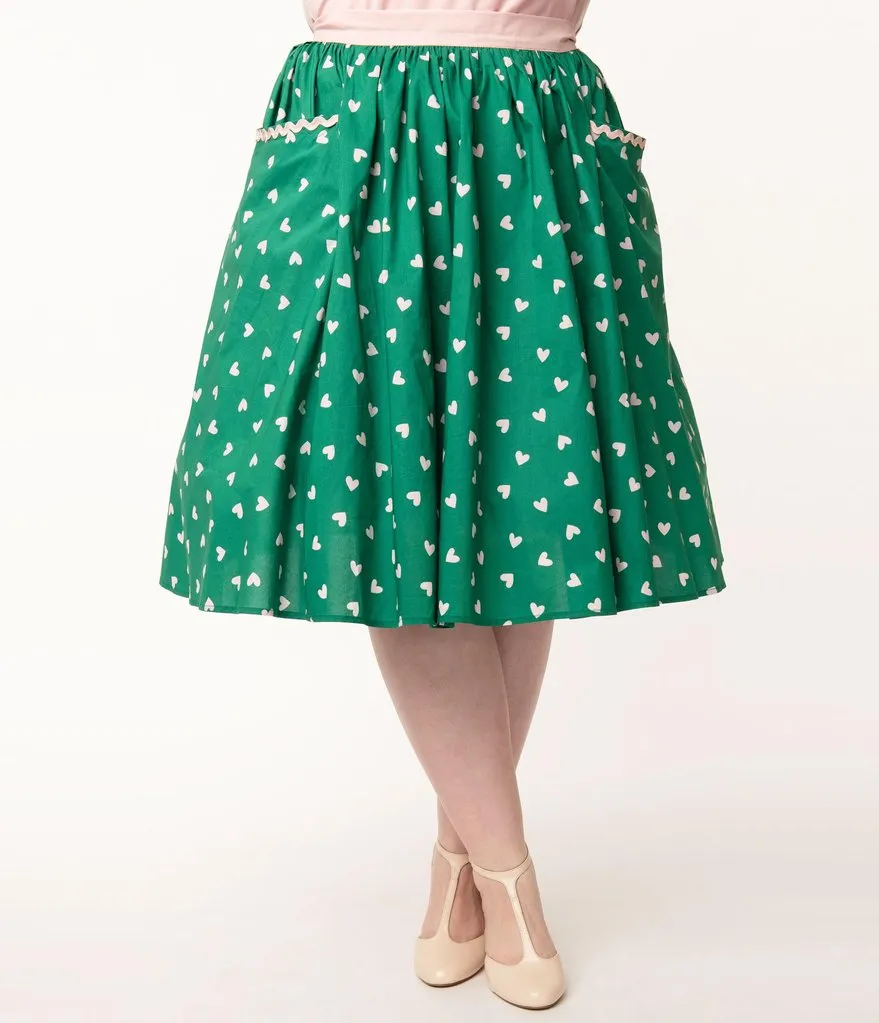 Unique Vintage Green & Pink Hearts Print Susannah Swing Skirt (1XL and 2XL ONLY)