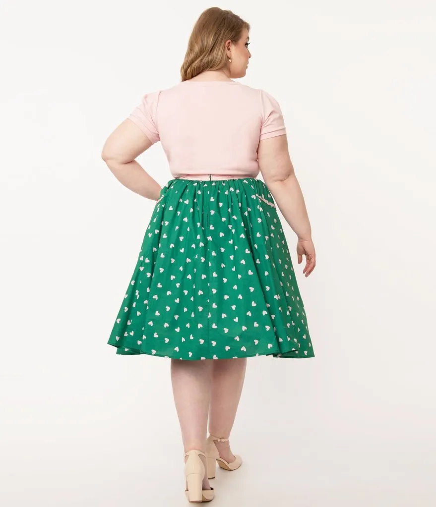 Unique Vintage Green & Pink Hearts Print Susannah Swing Skirt (1XL and 2XL ONLY)