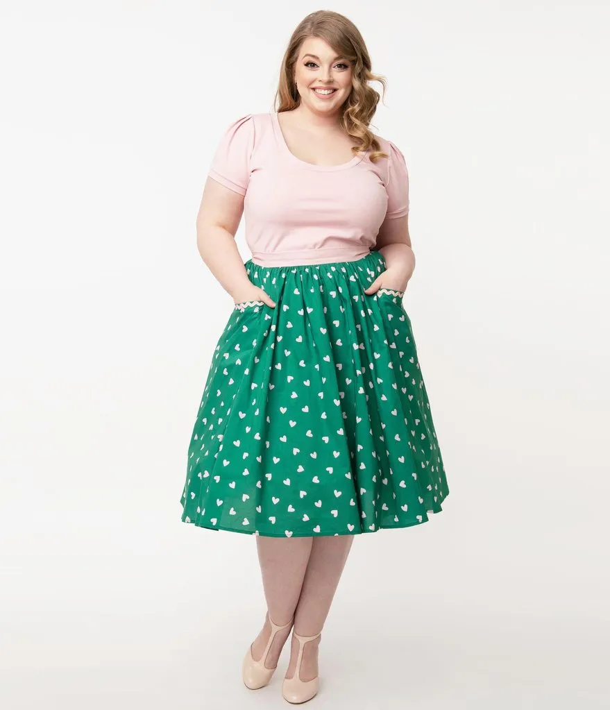 Unique Vintage Green & Pink Hearts Print Susannah Swing Skirt (1XL and 2XL ONLY)