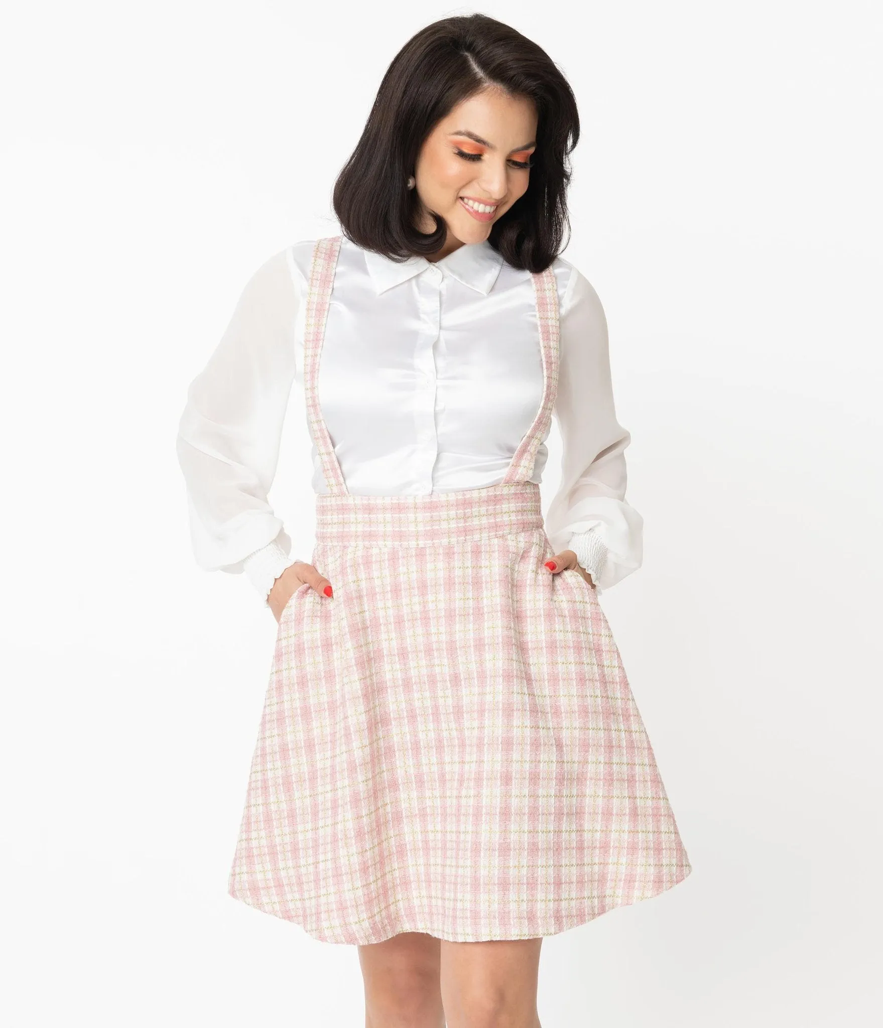 Unique Vintage Pink & Gold Boucle Plaid Ruth Suspender Skirt