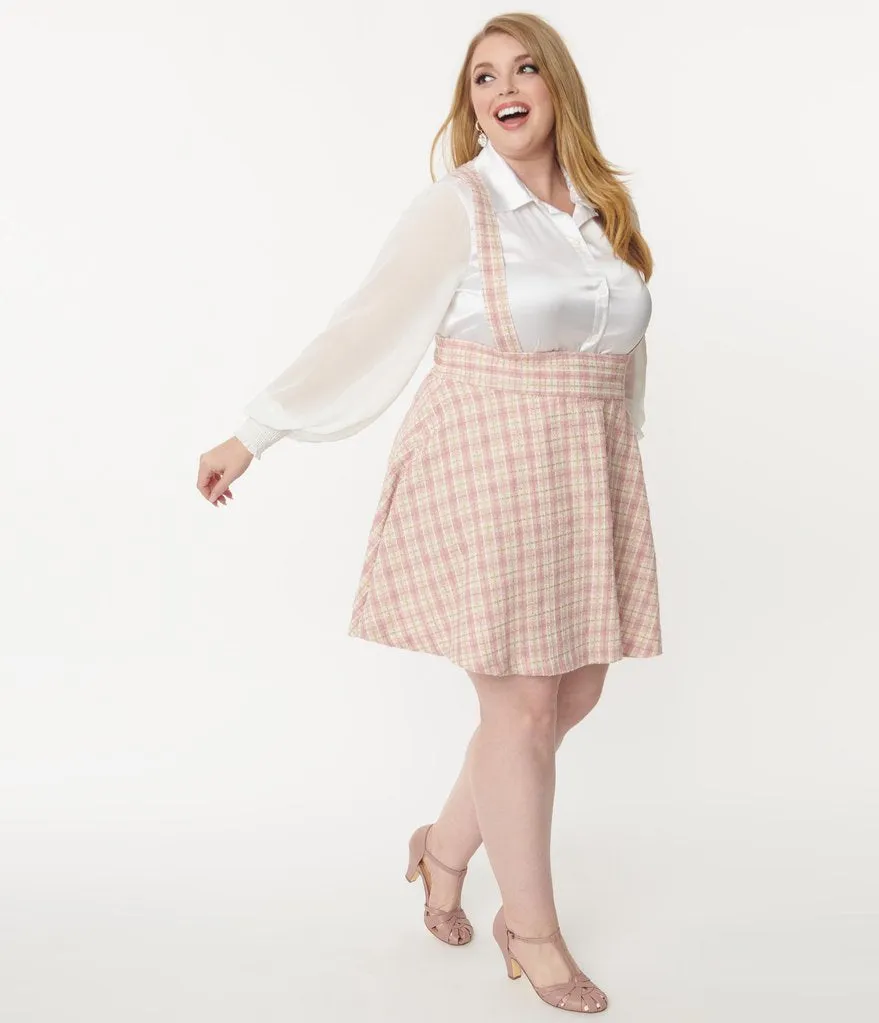 Unique Vintage Pink & Gold Boucle Plaid Ruth Suspender Skirt