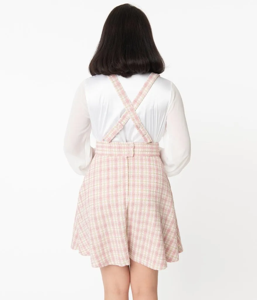 Unique Vintage Pink & Gold Boucle Plaid Ruth Suspender Skirt