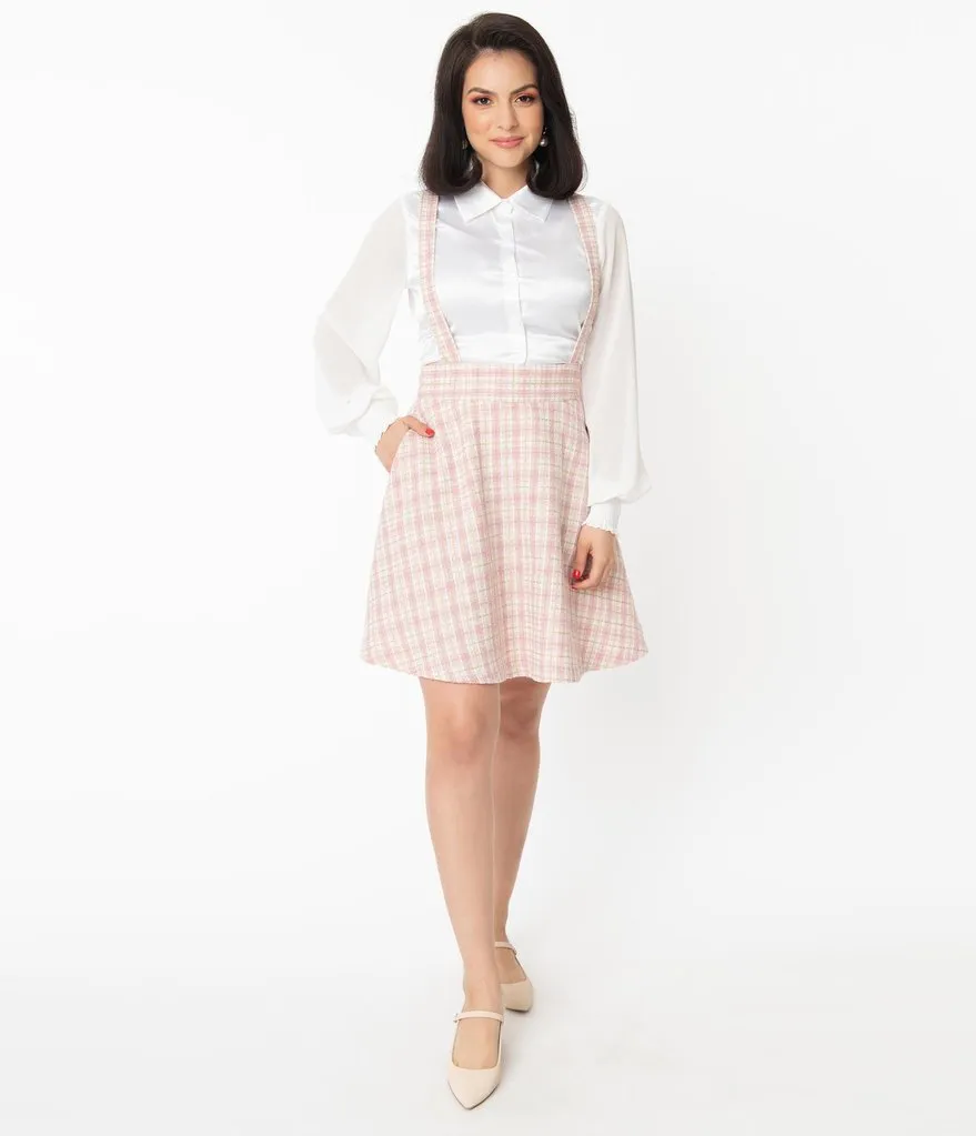 Unique Vintage Pink & Gold Boucle Plaid Ruth Suspender Skirt