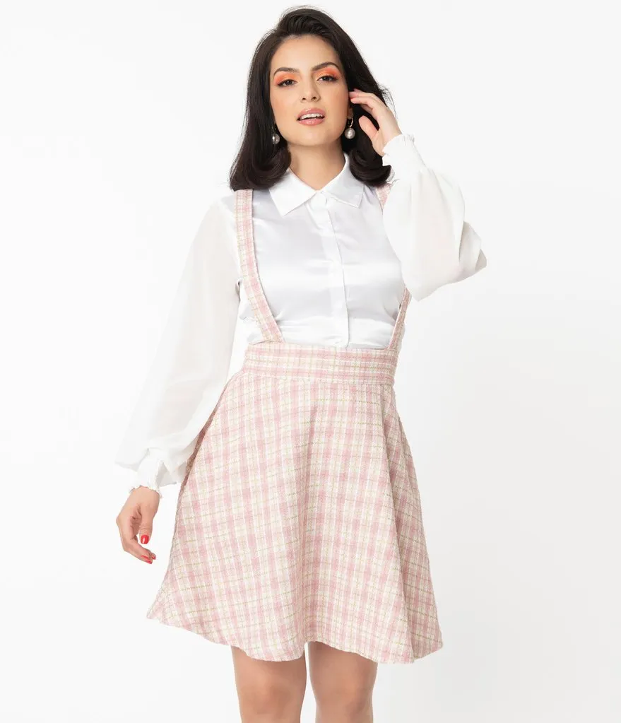 Unique Vintage Pink & Gold Boucle Plaid Ruth Suspender Skirt