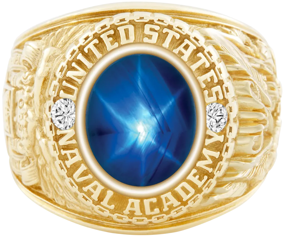 USNA Class Ring Mod with Blue Star Sapphire Centerpiece and Diamond Dividers