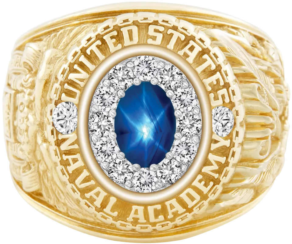 USNA Class Ring Mod with Blue Star Sapphire Centerpiece and Diamond Dividers