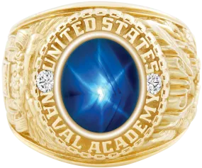 USNA Class Ring Mod with Blue Star Sapphire Centerpiece and Diamond Dividers