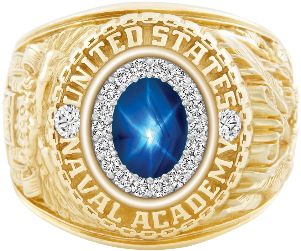 USNA Class Ring Mod with Blue Star Sapphire Centerpiece and Diamond Dividers