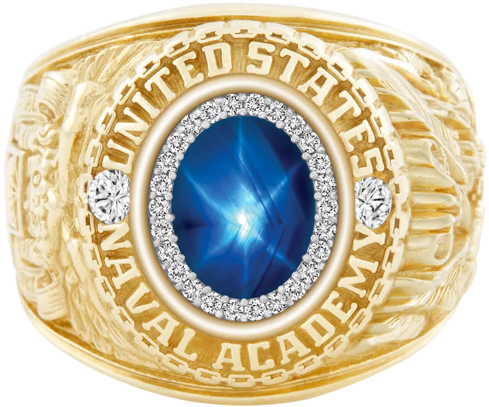 USNA Class Ring Mod with Blue Star Sapphire Centerpiece and Diamond Dividers