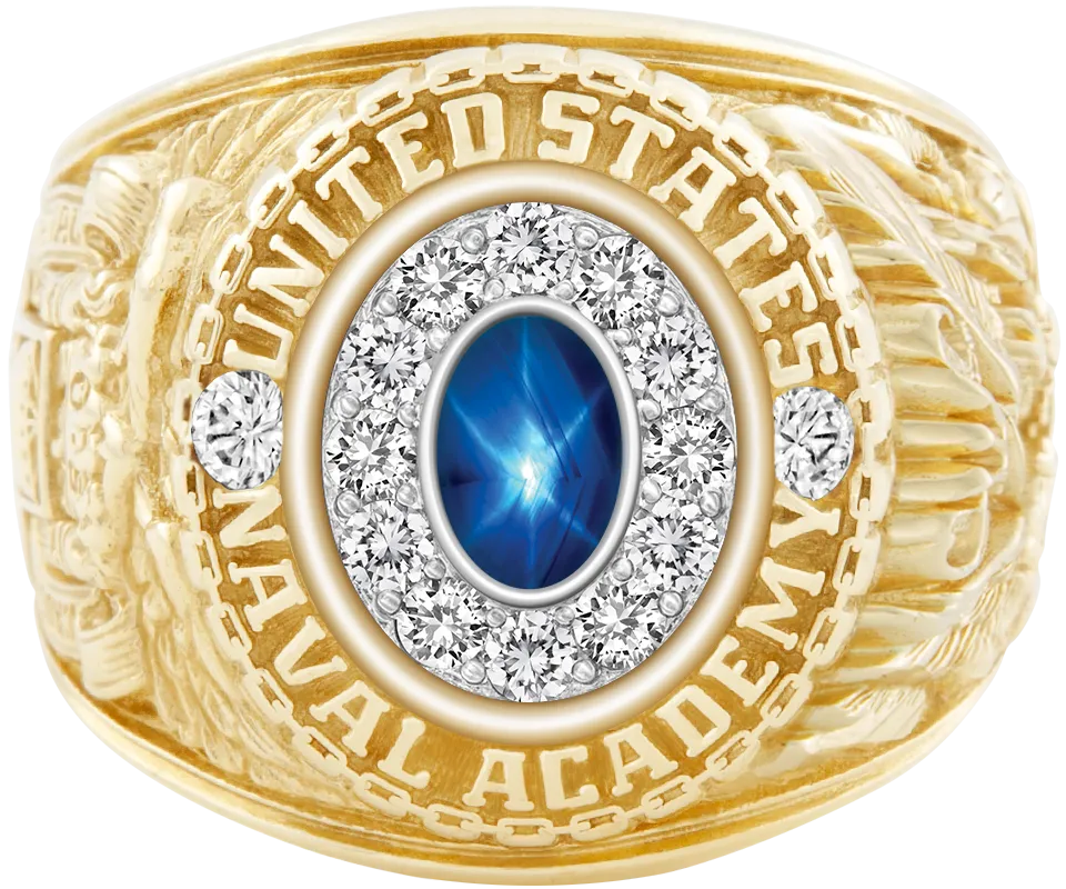 USNA Class Ring Mod with Blue Star Sapphire Centerpiece and Diamond Dividers