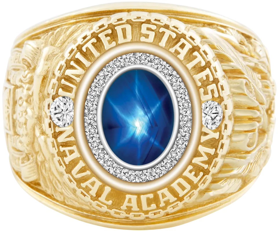 USNA Class Ring Mod with Blue Star Sapphire Centerpiece and Diamond Dividers