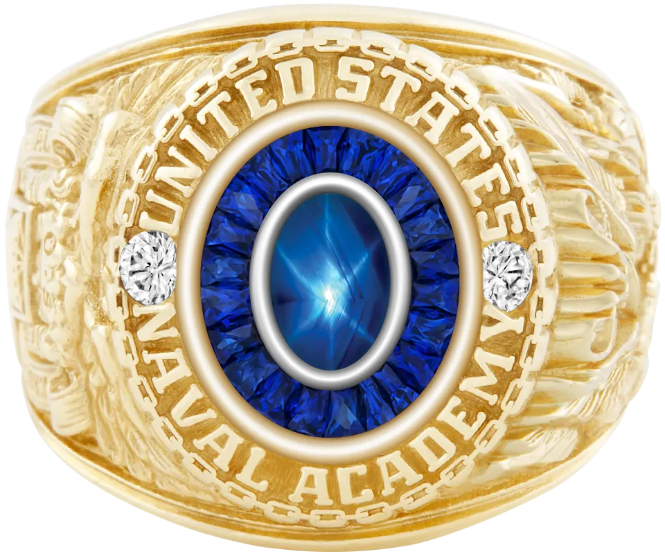 USNA Class Ring Mod with Blue Star Sapphire Centerpiece and Diamond Dividers