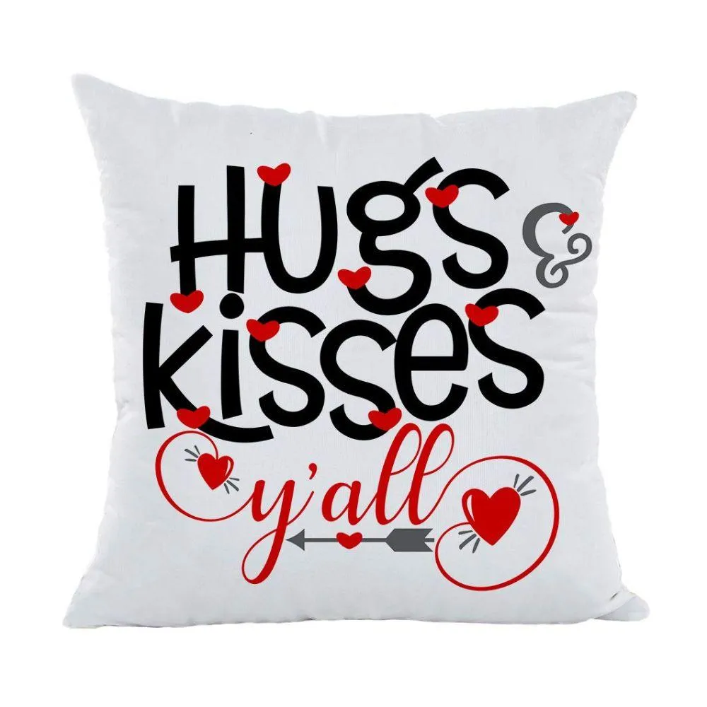 Valentines Day Throw Pillow Cover Cushion Case for Sofa Couch Hugs Kisses Y'all Quotes Home Decor Cotton Polyester 18 x 18 Inch