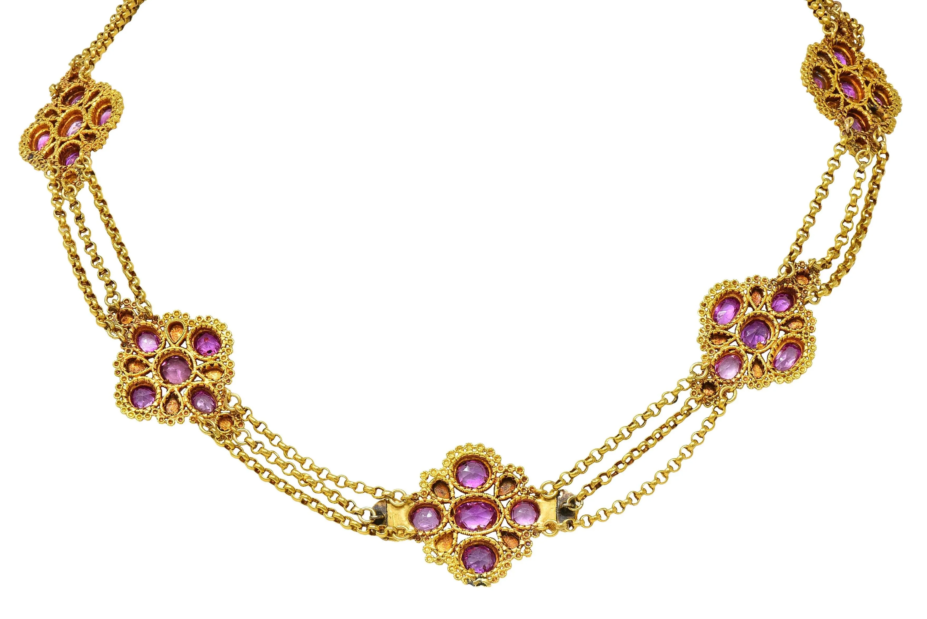 Victorian Etruscan Revival Pink Sapphire Turquoise 18 Karat Gold Antique Swagged Station Necklace