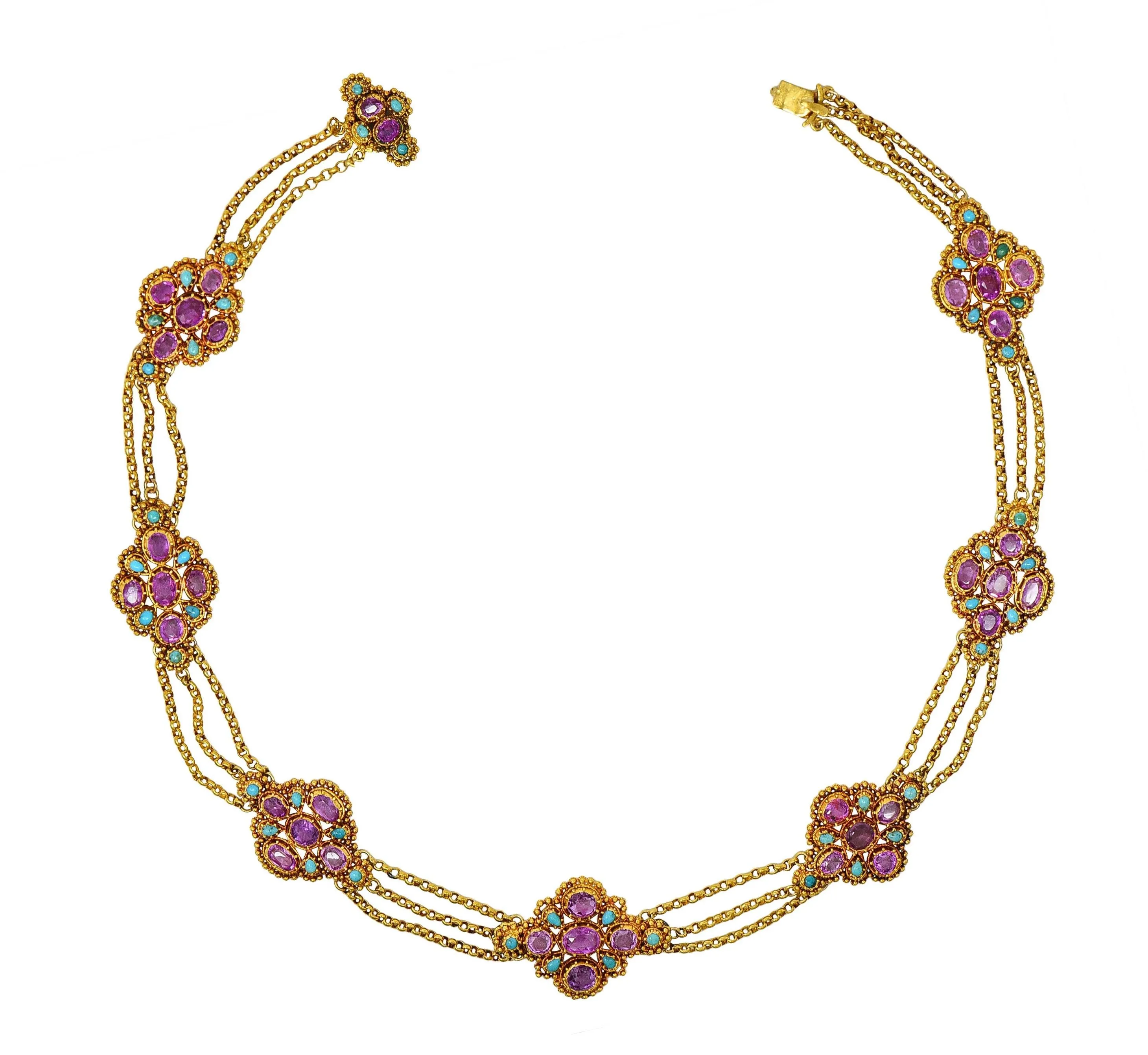 Victorian Etruscan Revival Pink Sapphire Turquoise 18 Karat Gold Antique Swagged Station Necklace