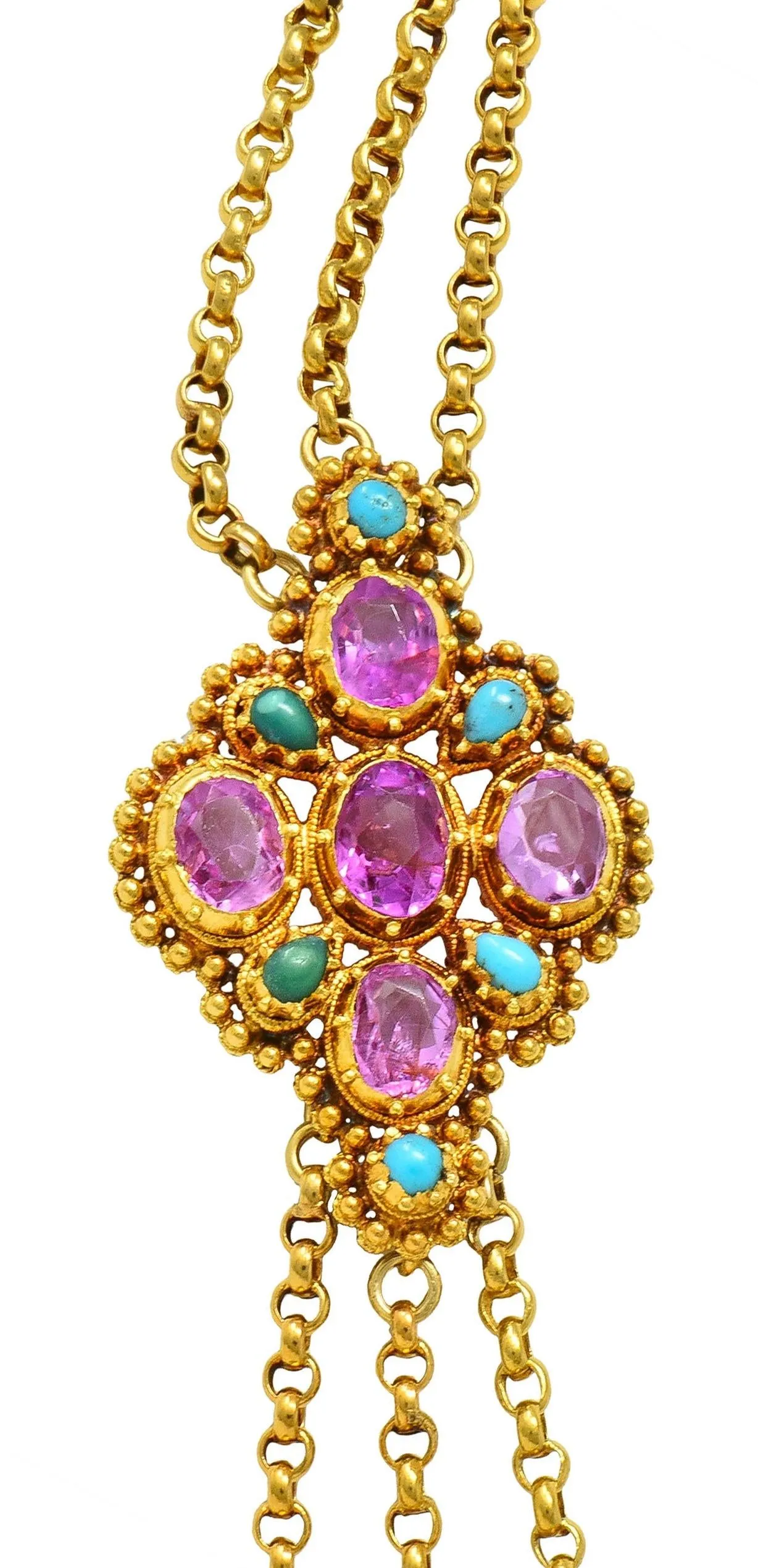 Victorian Etruscan Revival Pink Sapphire Turquoise 18 Karat Gold Antique Swagged Station Necklace