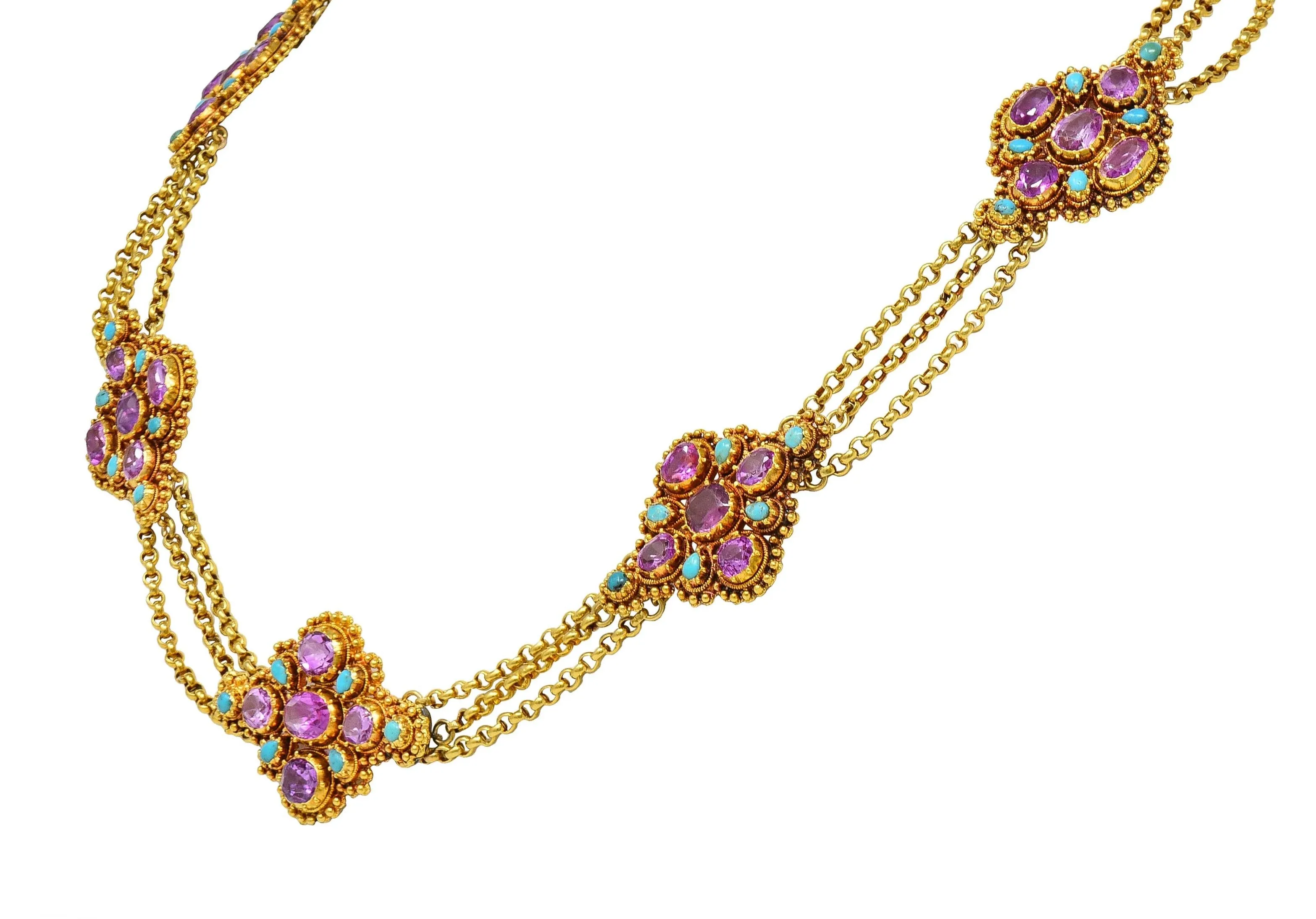 Victorian Etruscan Revival Pink Sapphire Turquoise 18 Karat Gold Antique Swagged Station Necklace