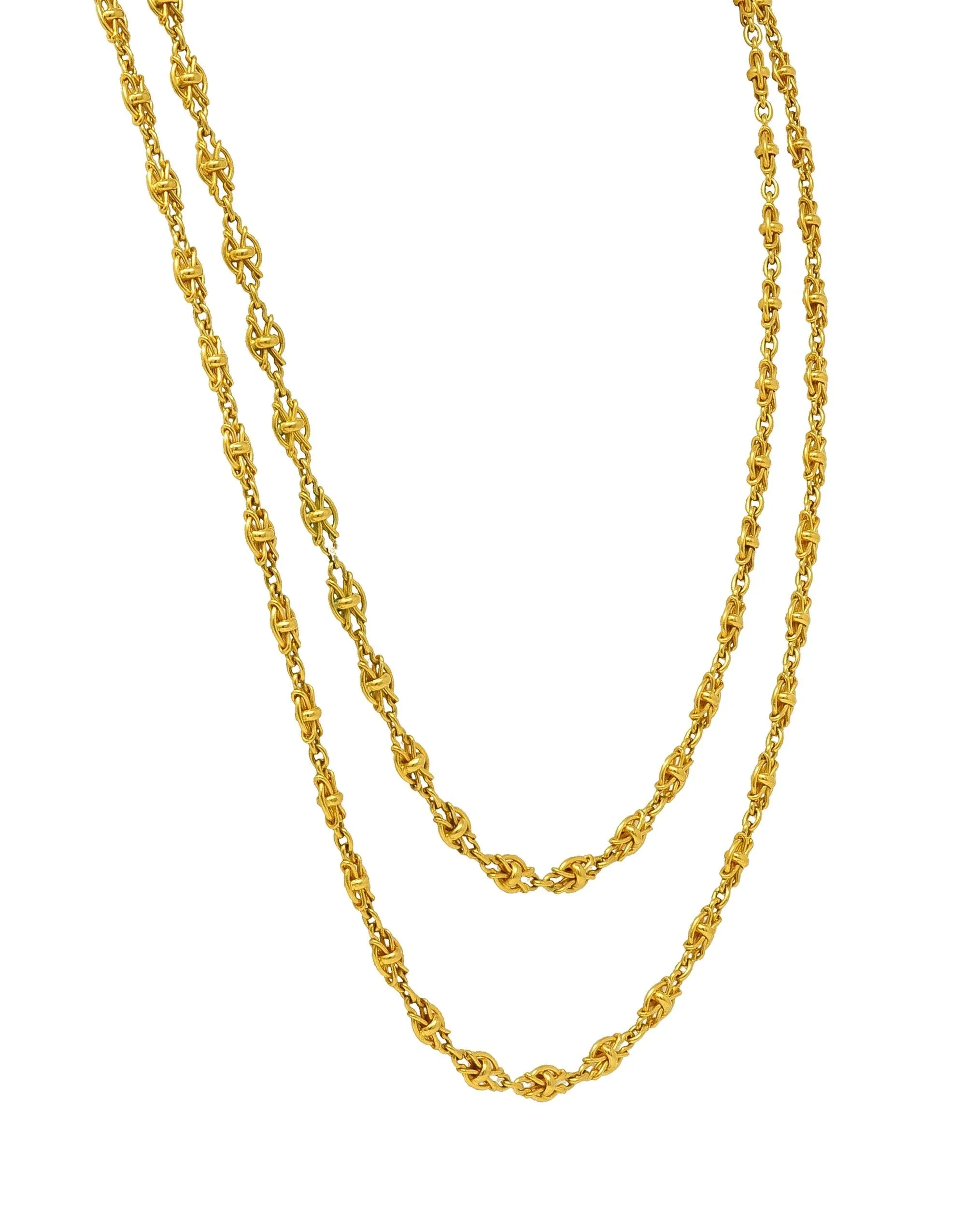 Victorian French 18 Karat Yellow Gold Knot Link Long Antique Chain Necklace