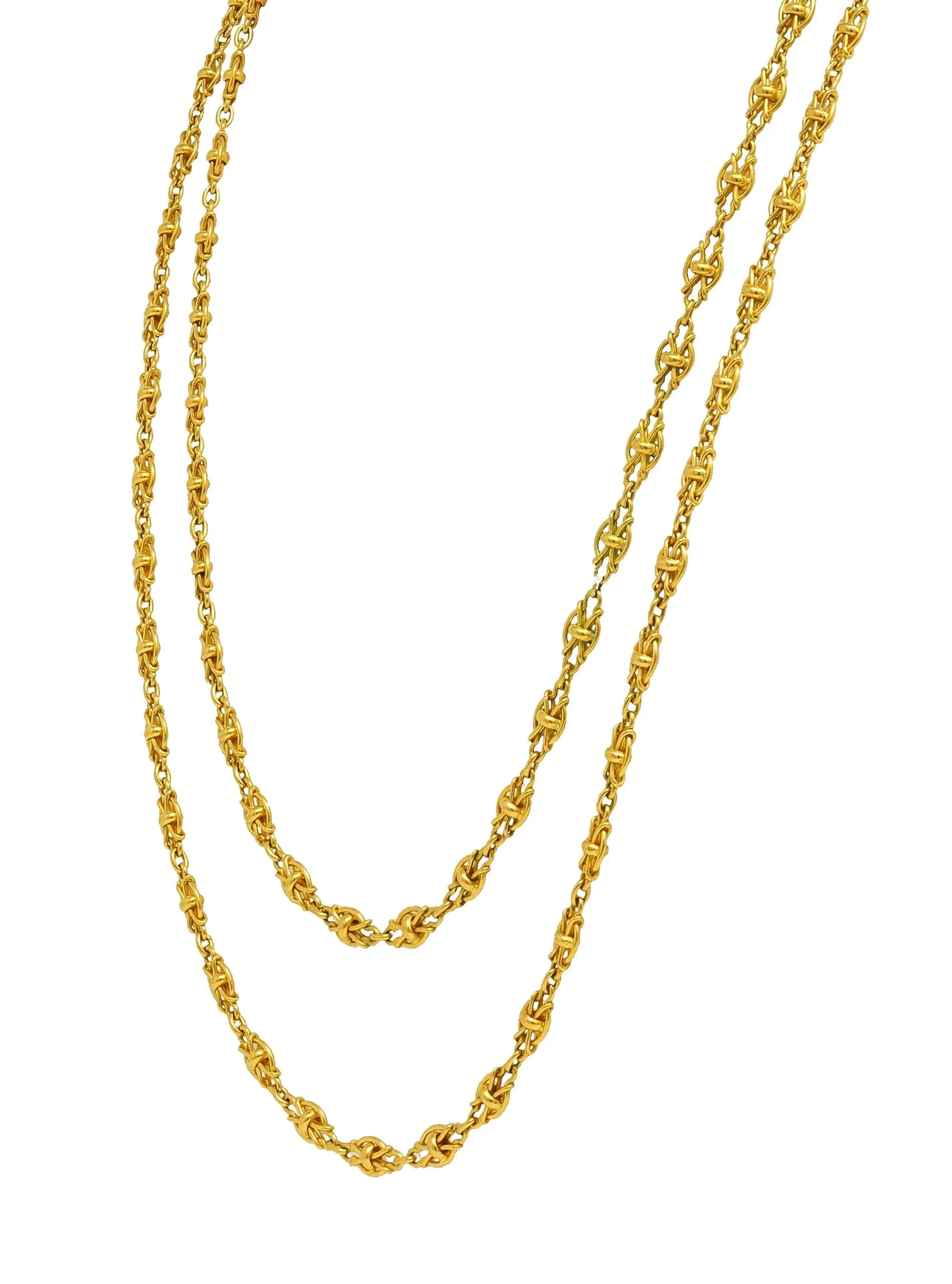 Victorian French 18 Karat Yellow Gold Knot Link Long Antique Chain Necklace