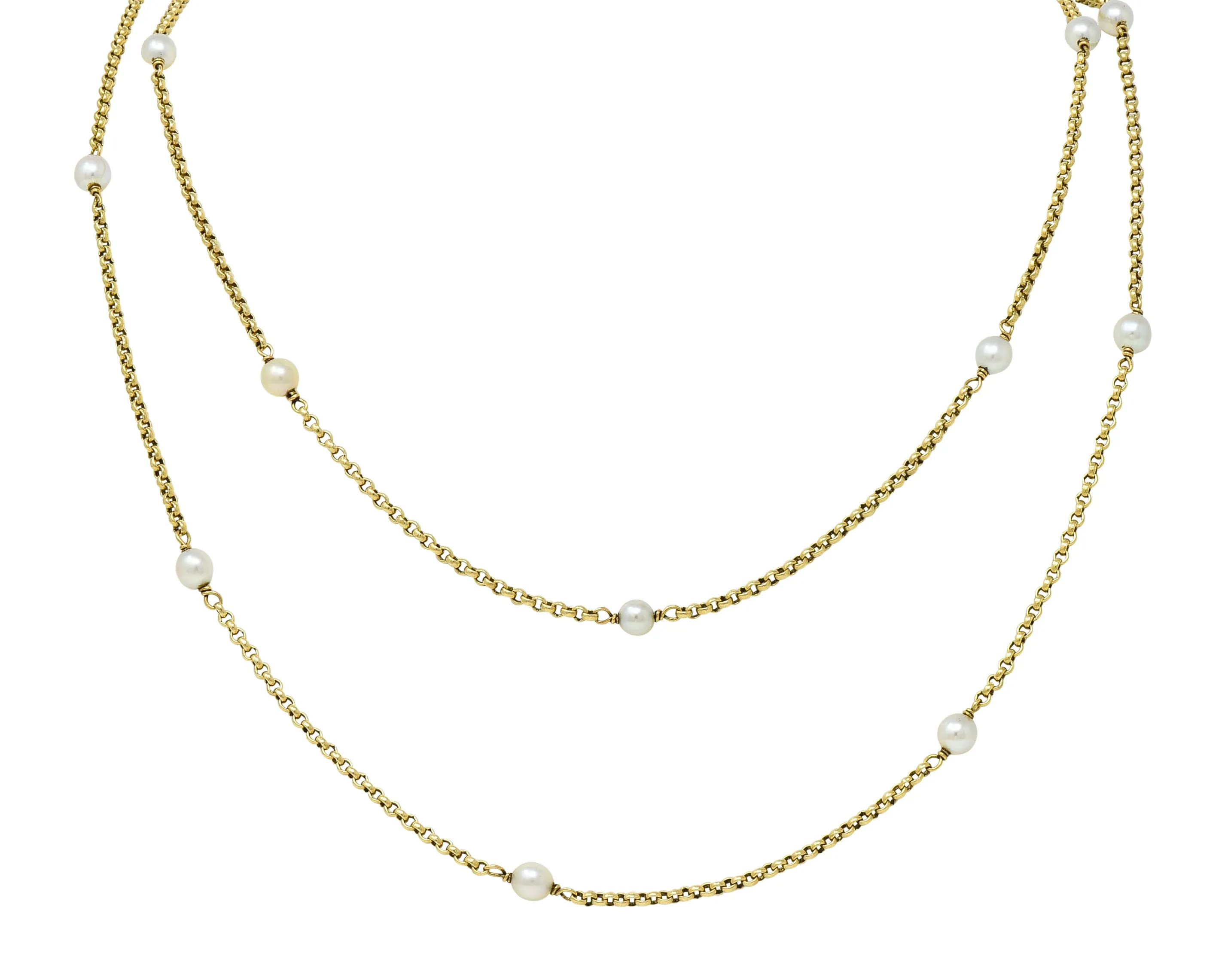 Victorian Pearl 14 Karat Gold 47 Inch Long Chain Station Necklace