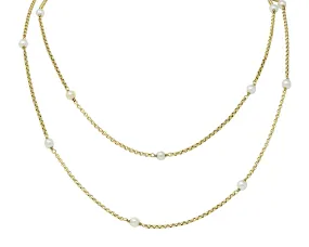 Victorian Pearl 14 Karat Gold 47 Inch Long Chain Station Necklace