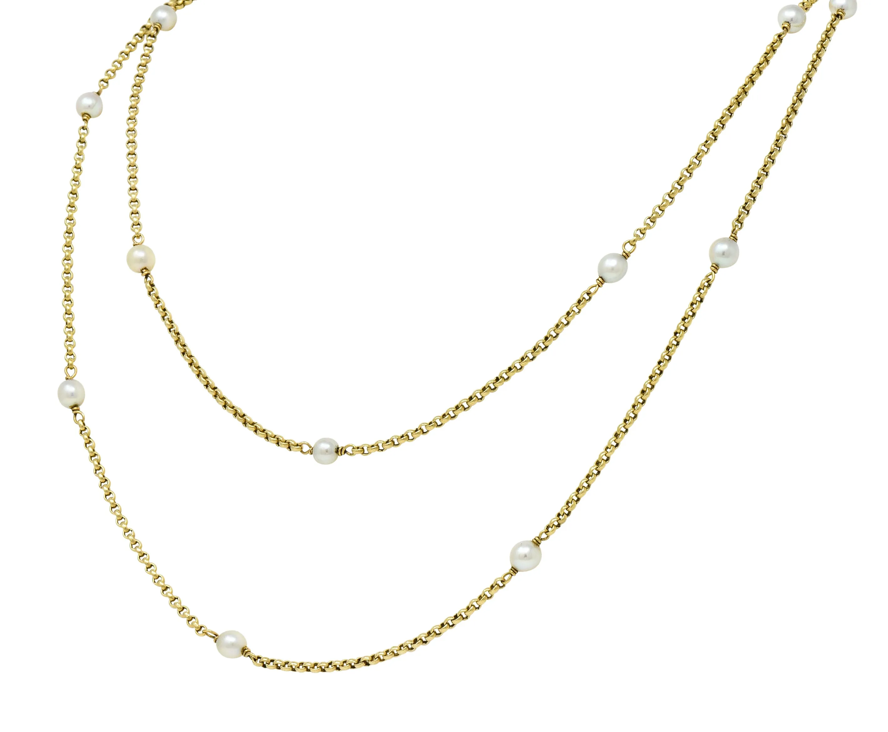 Victorian Pearl 14 Karat Gold 47 Inch Long Chain Station Necklace