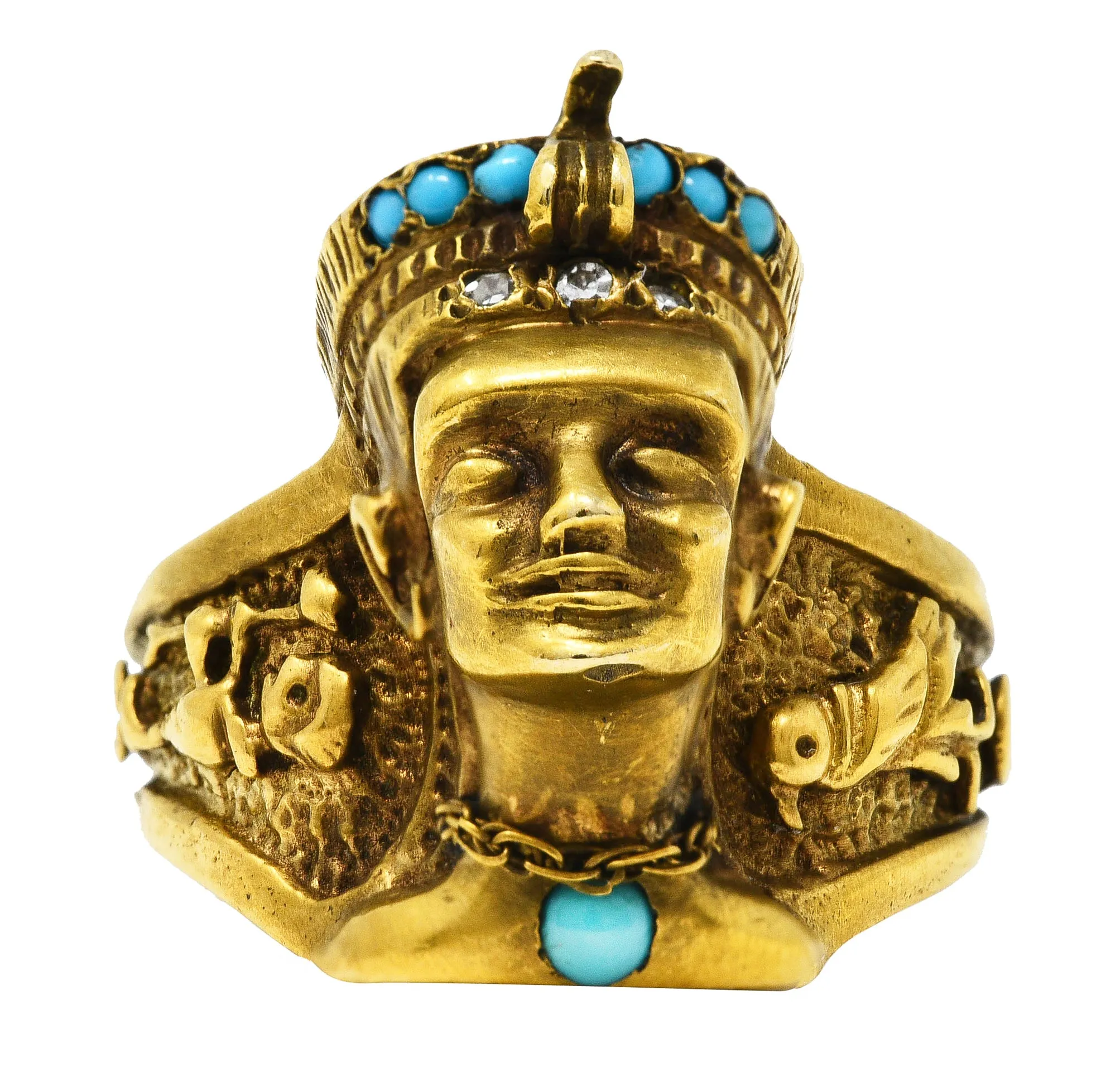 Vintage Egyptian Revival Diamond Turquoise 14 Karat Gold Nefertiti Hieroglyph Unisex Ring