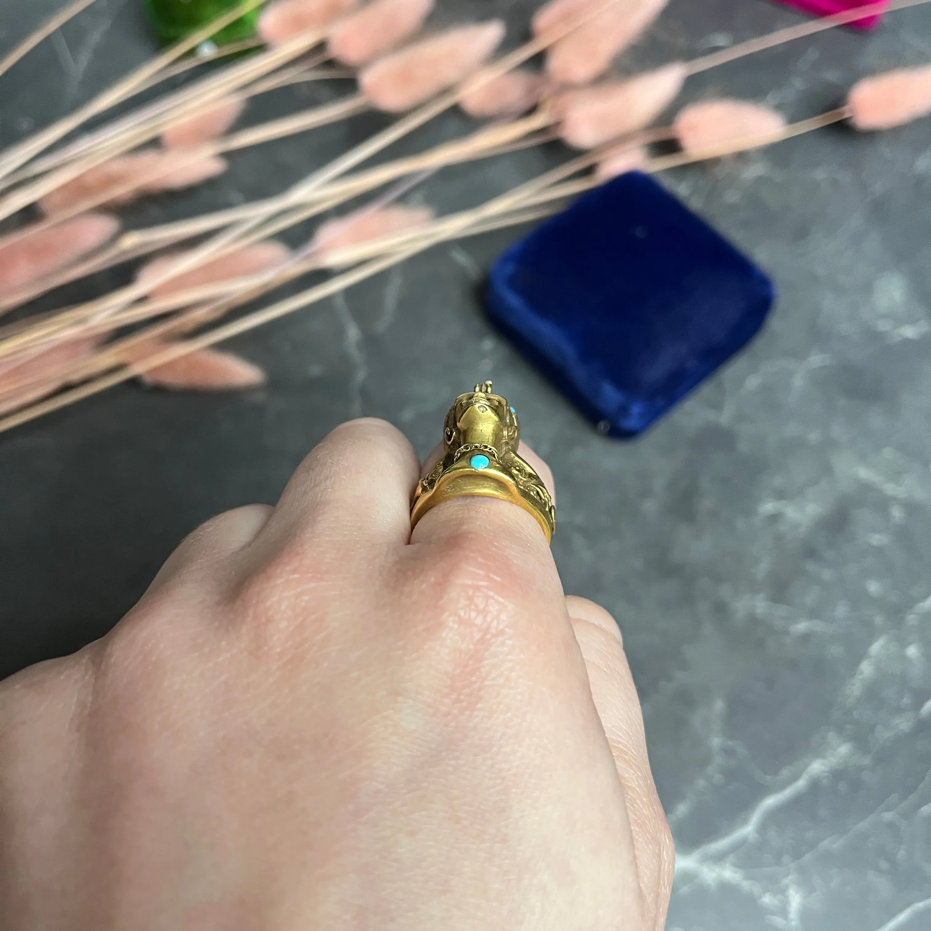 Vintage Egyptian Revival Diamond Turquoise 14 Karat Gold Nefertiti Hieroglyph Unisex Ring