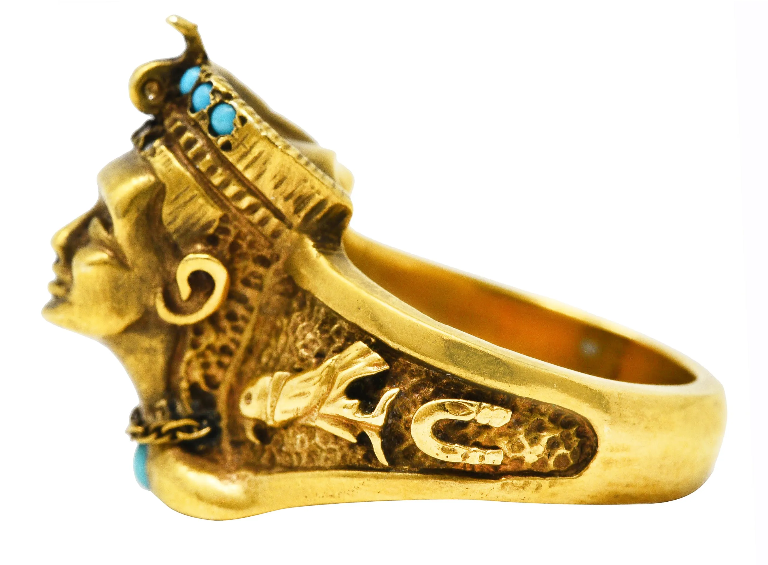 Vintage Egyptian Revival Diamond Turquoise 14 Karat Gold Nefertiti Hieroglyph Unisex Ring