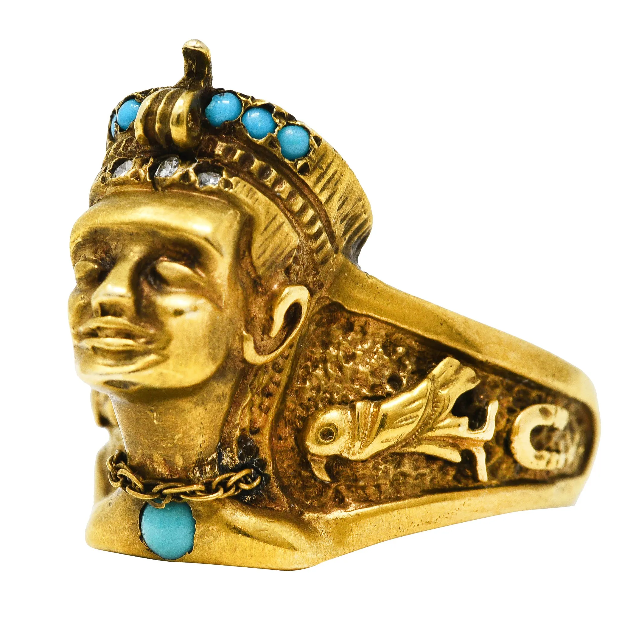 Vintage Egyptian Revival Diamond Turquoise 14 Karat Gold Nefertiti Hieroglyph Unisex Ring