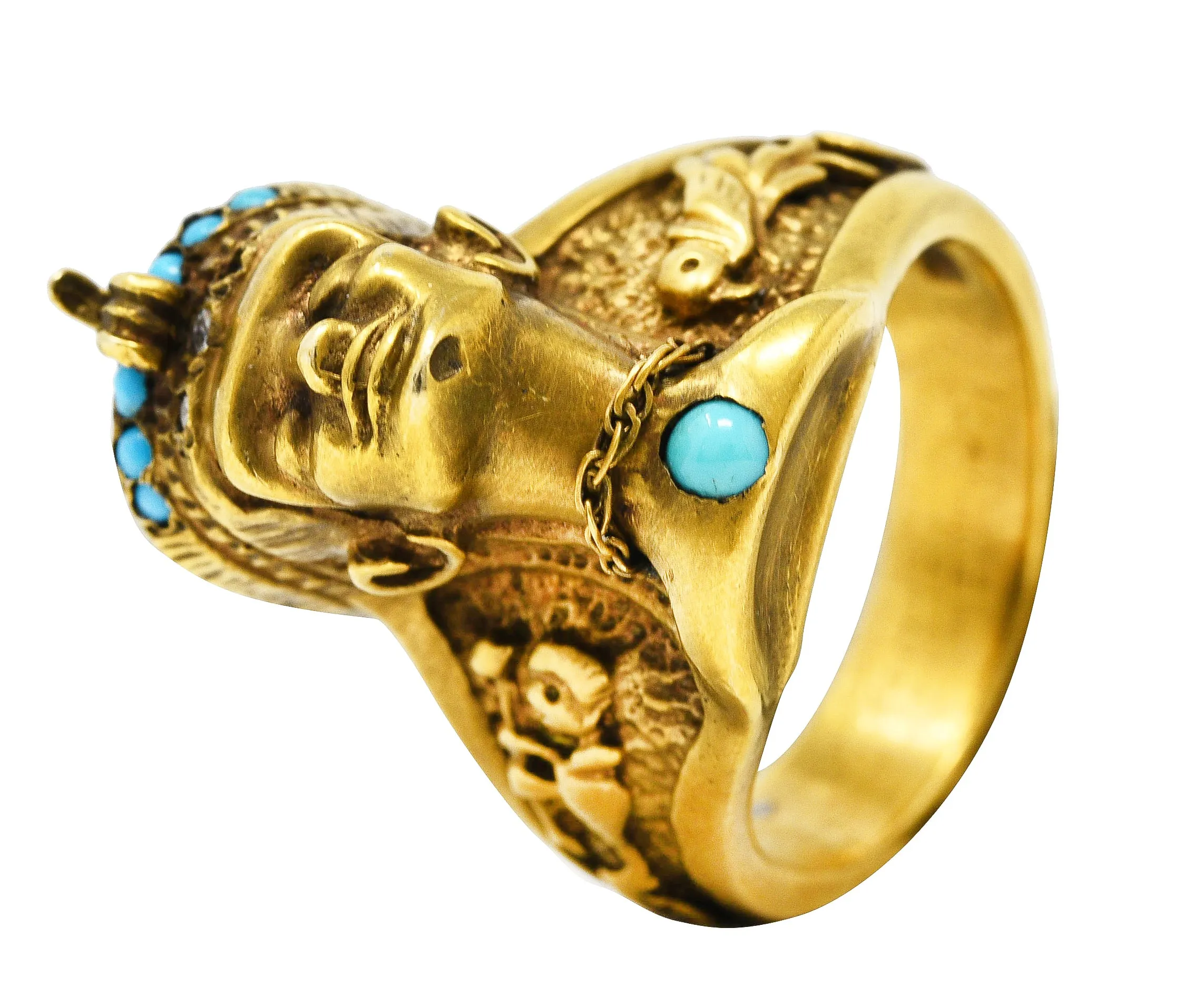 Vintage Egyptian Revival Diamond Turquoise 14 Karat Gold Nefertiti Hieroglyph Unisex Ring