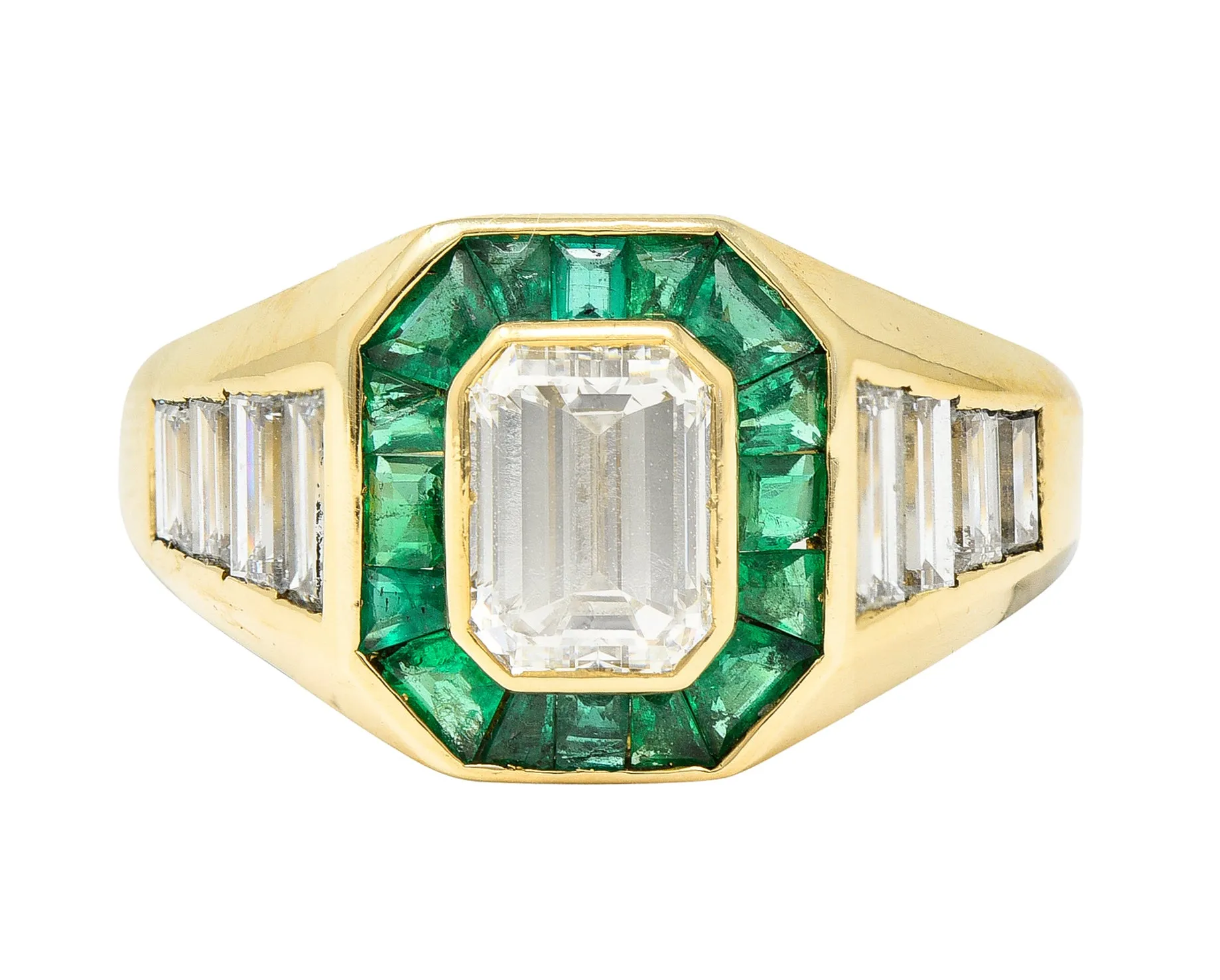 Vintage Italian 2.70 CTW Diamond Emerald 18 Karat Yellow Gold Unisex Ring