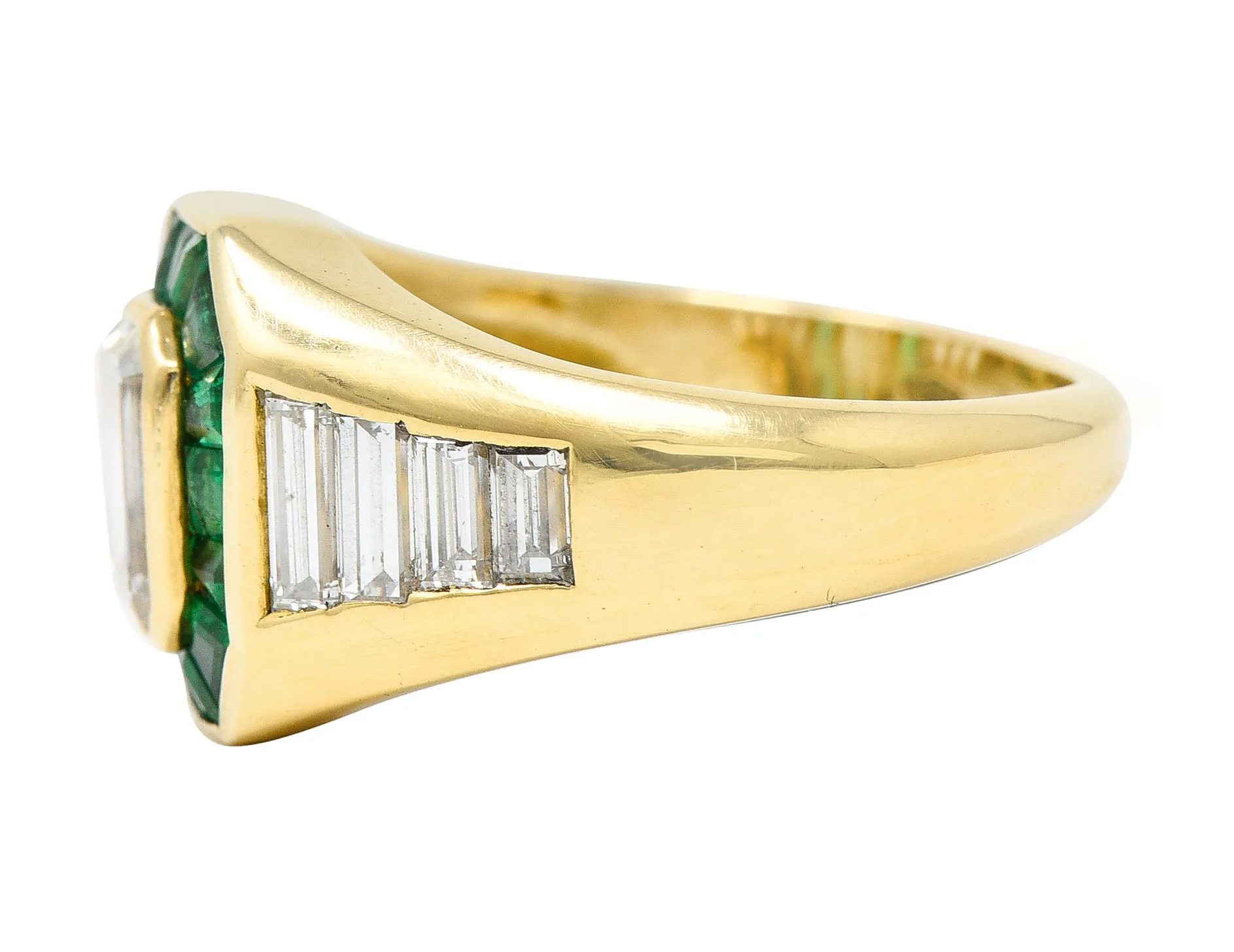 Vintage Italian 2.70 CTW Diamond Emerald 18 Karat Yellow Gold Unisex Ring