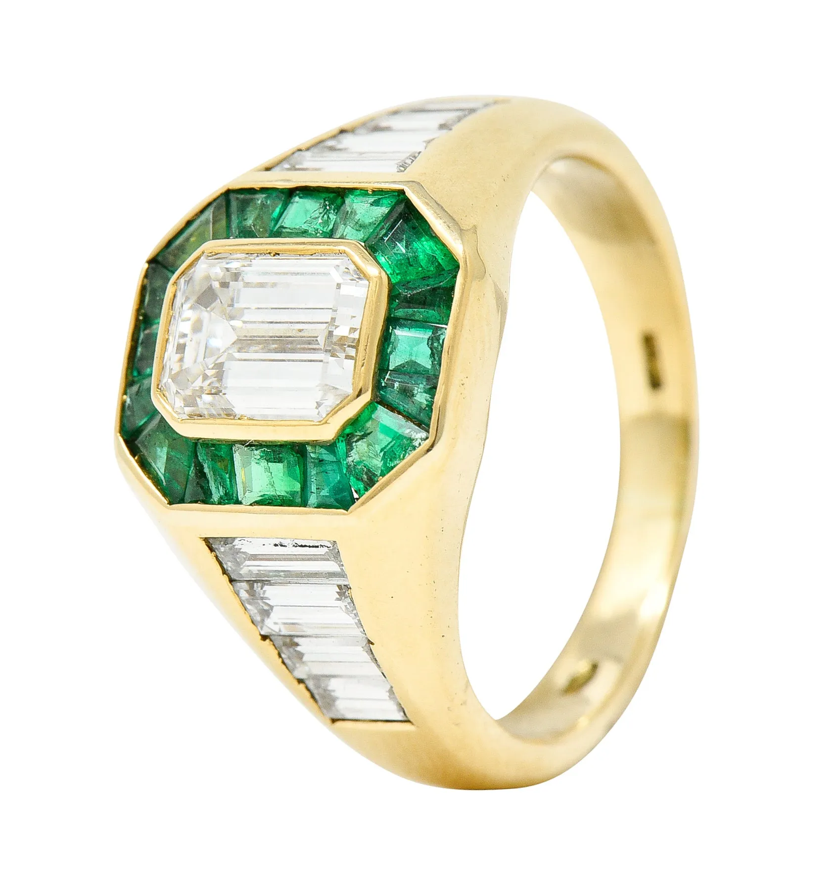 Vintage Italian 2.70 CTW Diamond Emerald 18 Karat Yellow Gold Unisex Ring