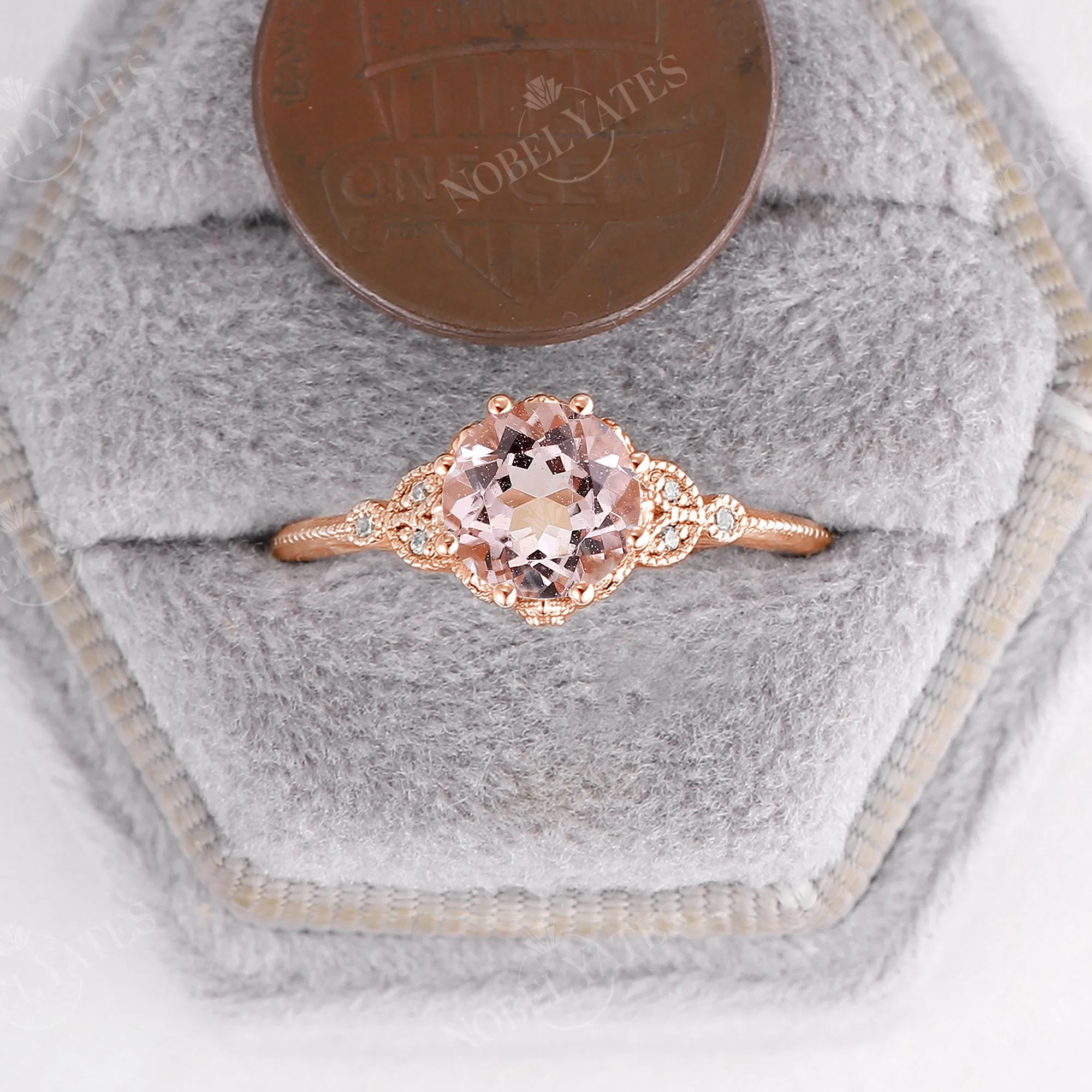 Vintage Round Orange Pink Morganite Milgrain Leaf Engagement Ring