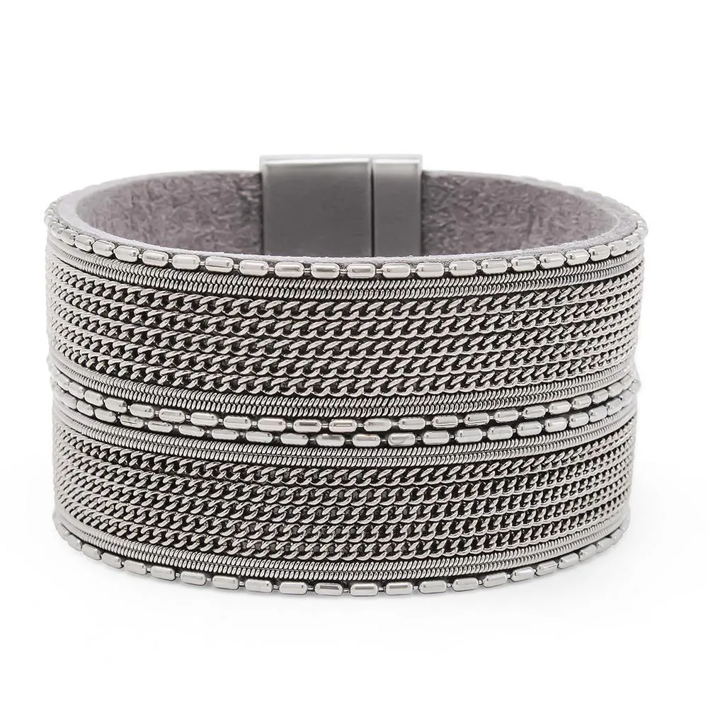 Wide Leather Bracelet with Bar Chain Grey