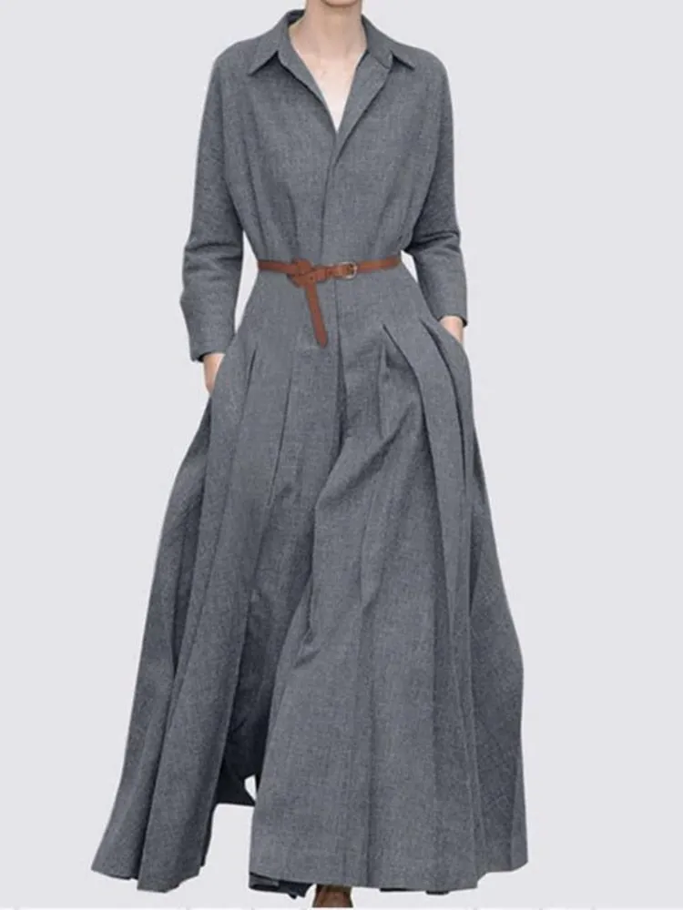 Women's Long Skirt Fashion Long Sleeve Lapel Pleated Dress