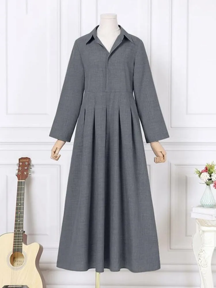 Women's Long Skirt Fashion Long Sleeve Lapel Pleated Dress