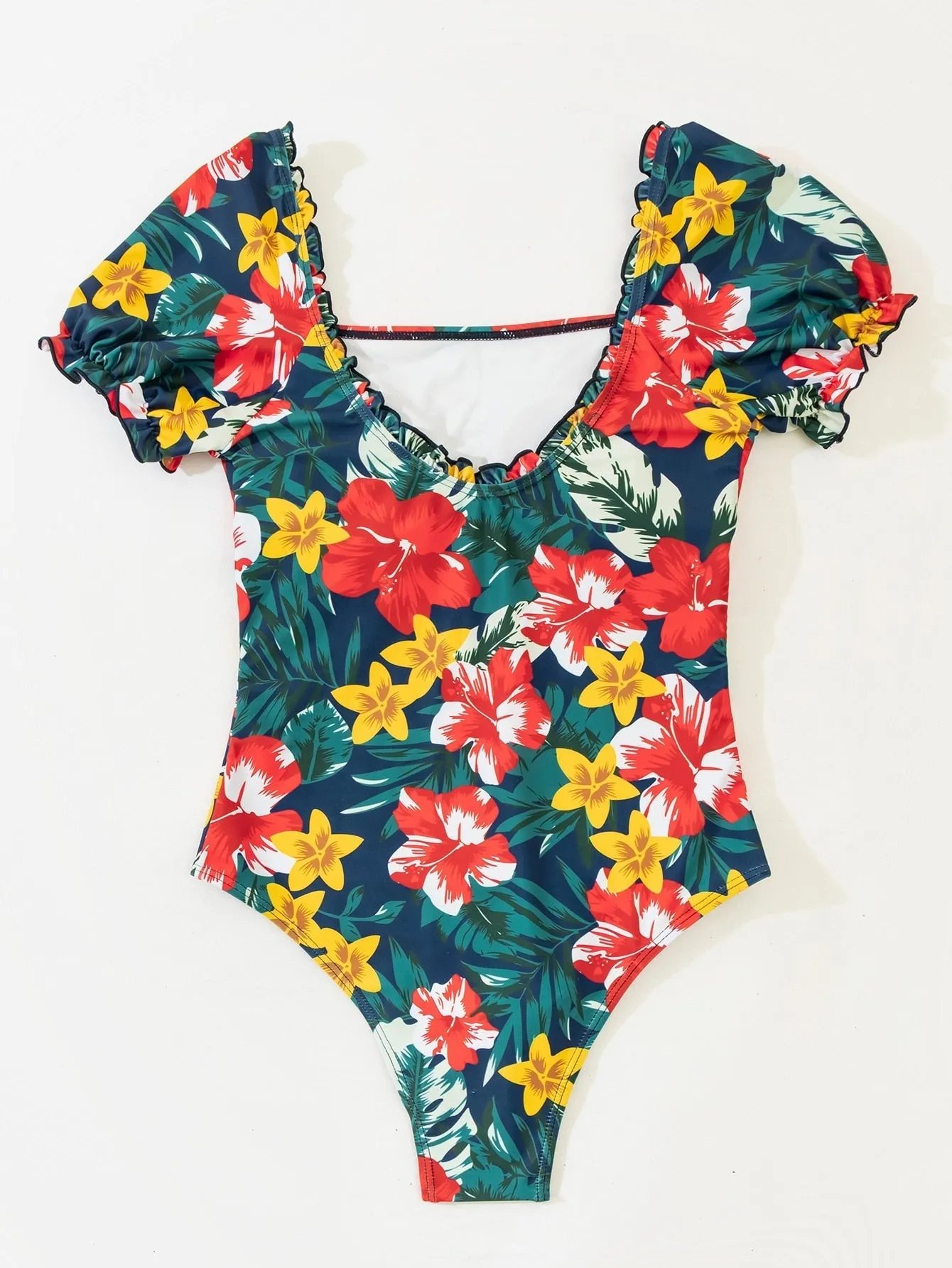 Women's Retro Floral Print Ruffled Short Sleeve One Piece Swimsuit